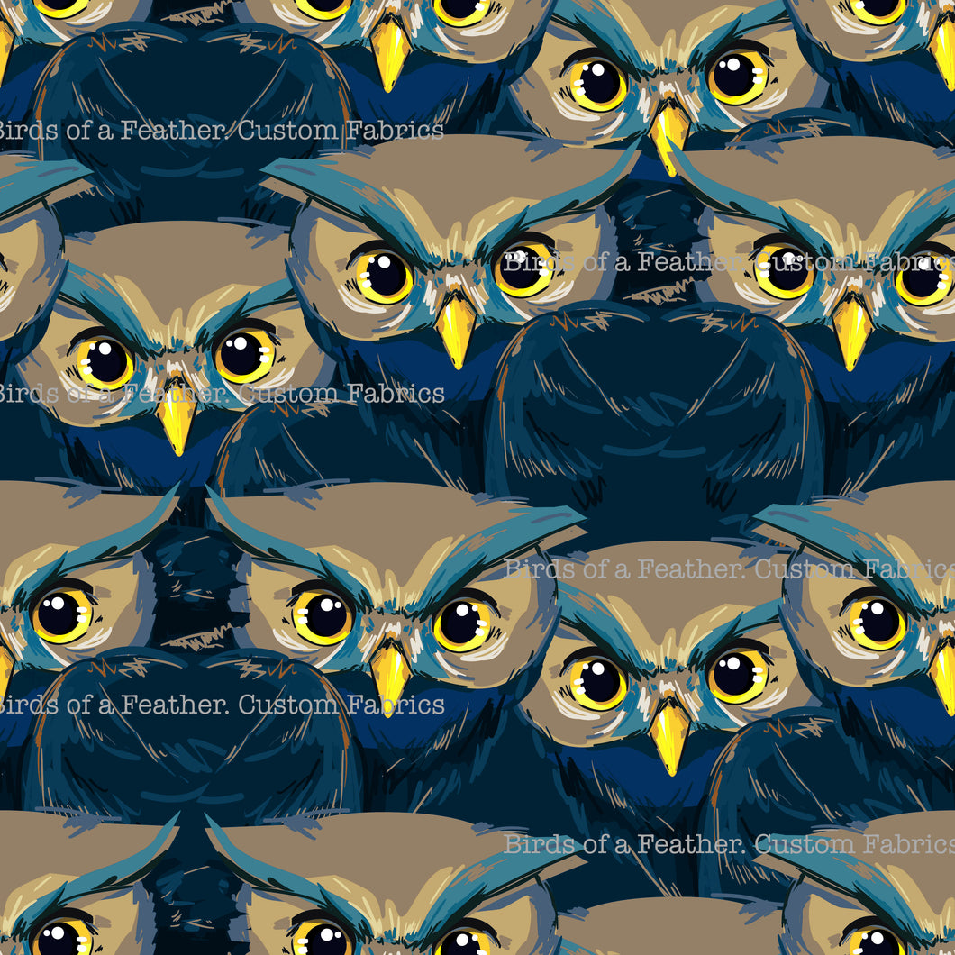 Owl Feathers Blue Fabric